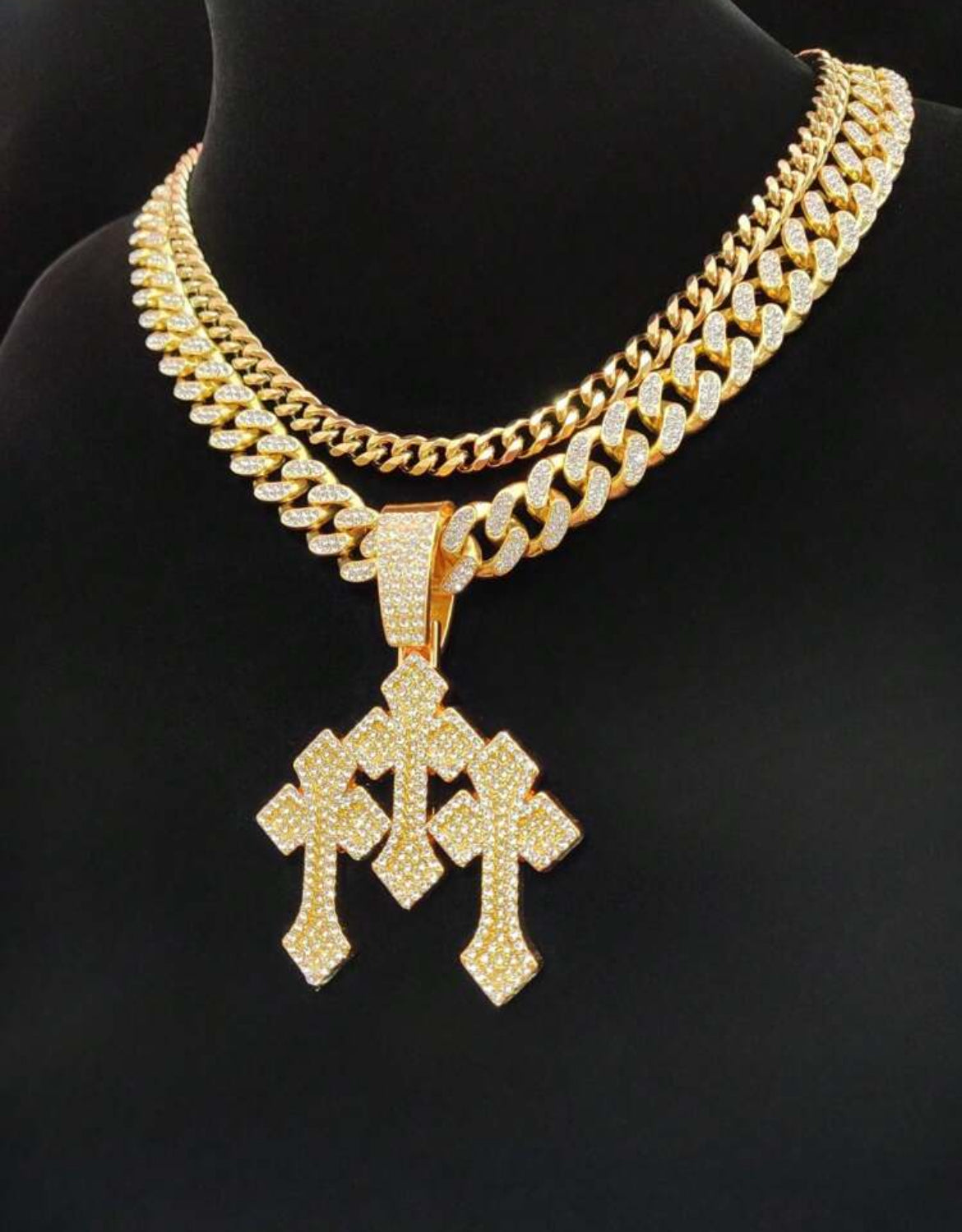 3 cross icy pendant chain for men