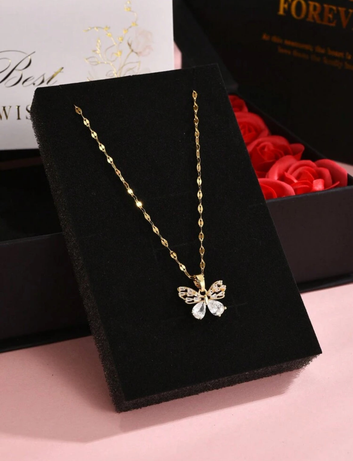 Butterfly Necklace & Roses Gift Box