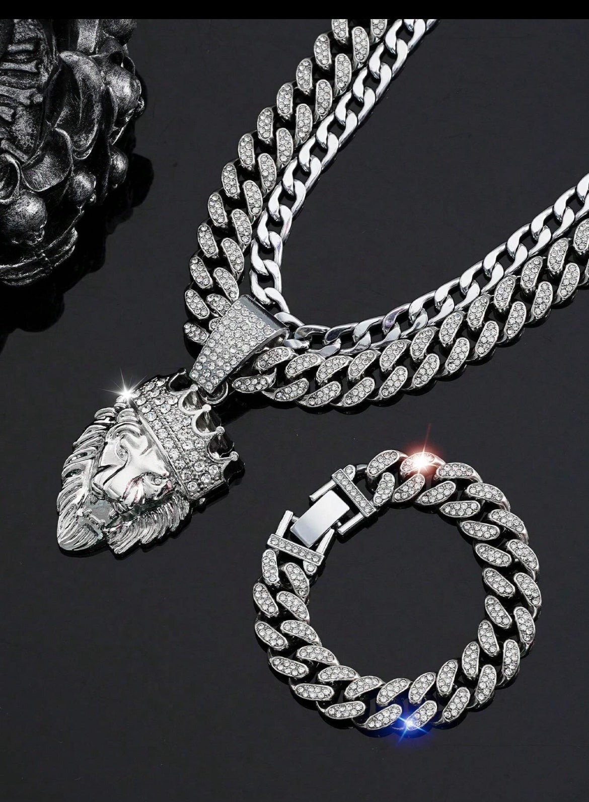 3pc Crown Lion icy jewelry set for men
