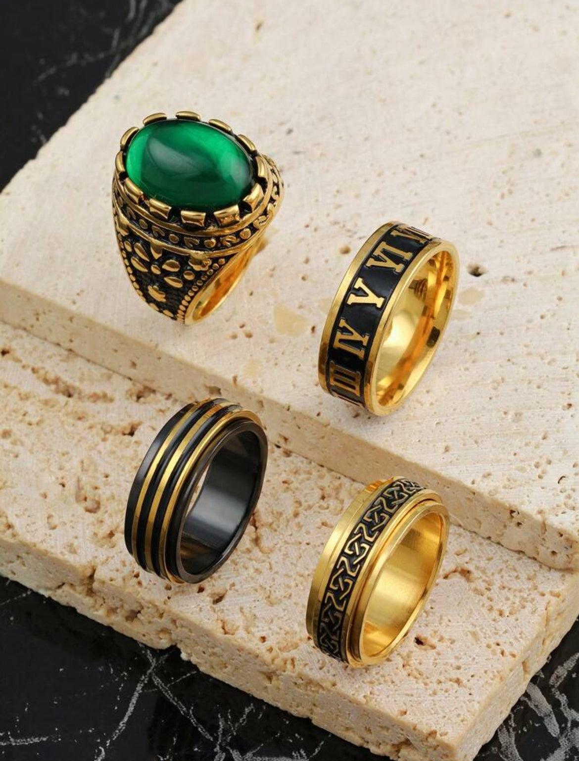 4pc Vintage 18K gold plated Ring Set for men