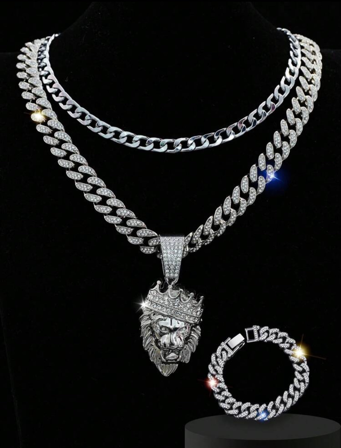 3pc Crown Lion icy jewelry set for men