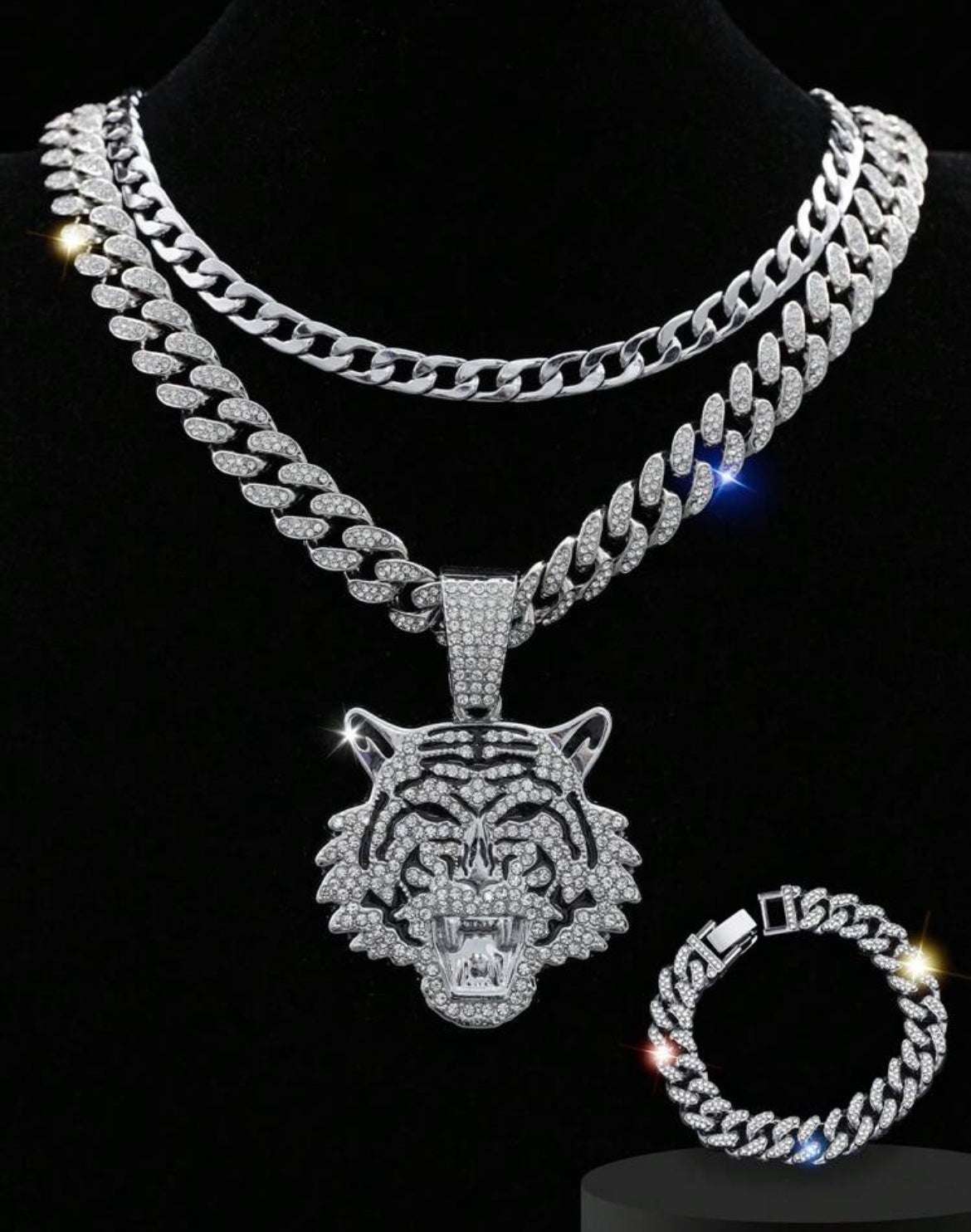 3pc Tiger icy jewelry set for men