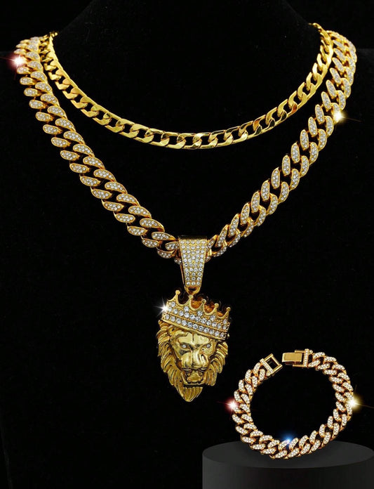 3pc Crown Lion icy jewelry set for men