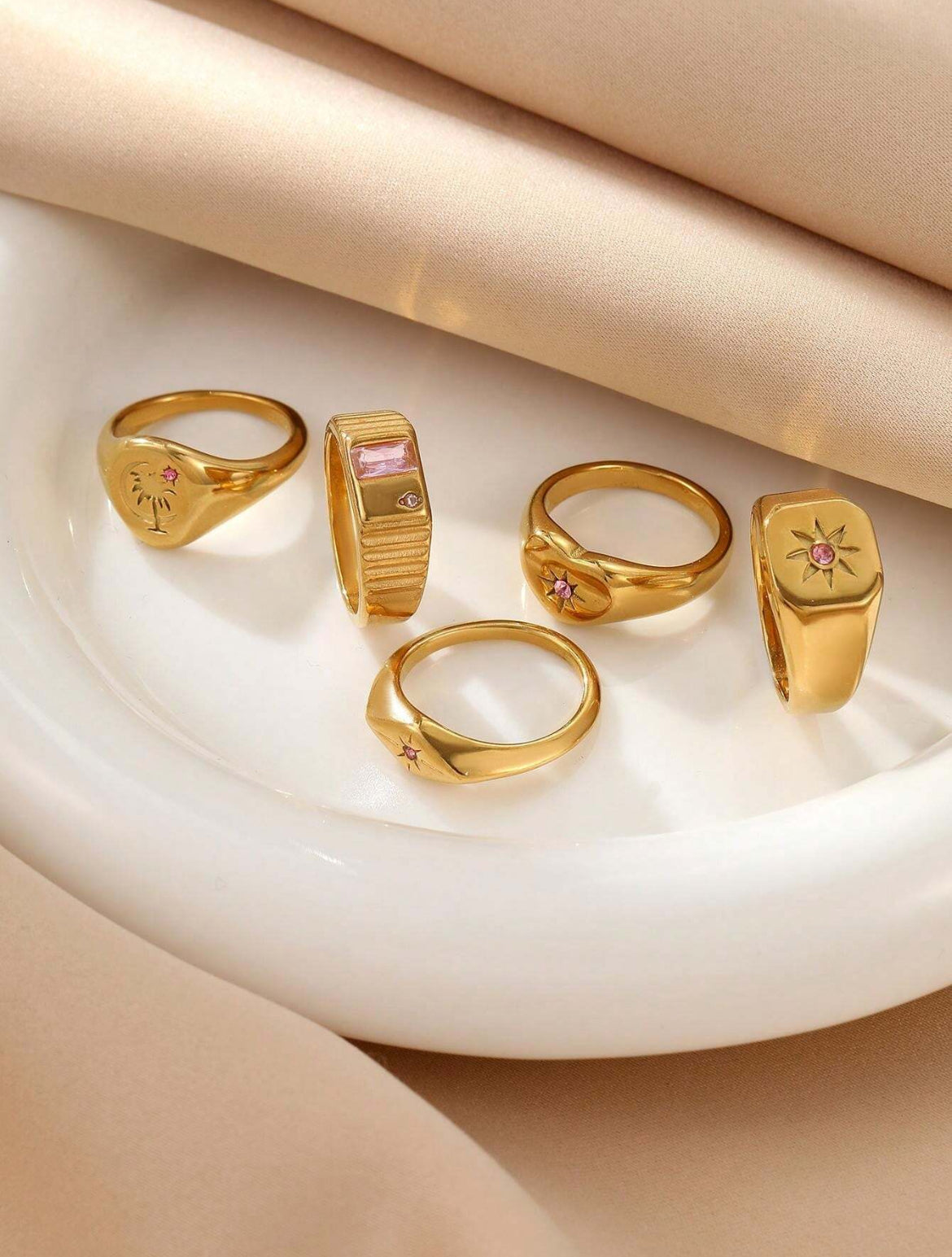 Pink diamond Stainless steel rings set