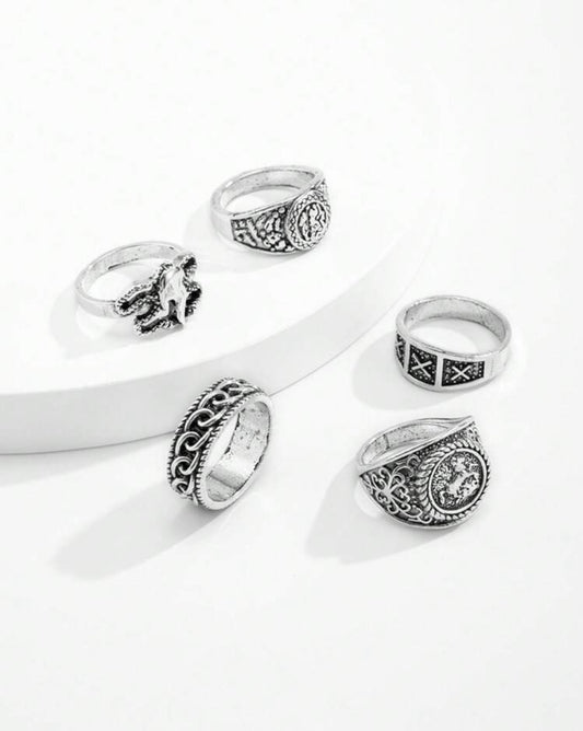 5pc Antique Silver Ring Set for men