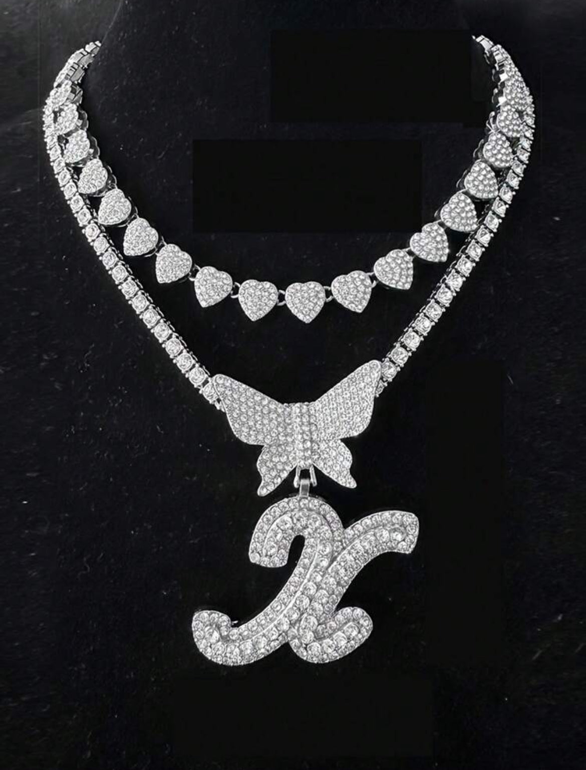 2pc Initial Butterfly inlaid necklace set