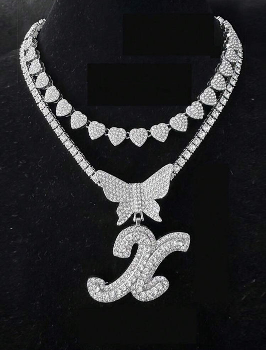 2pc Initial Butterfly inlaid necklace set