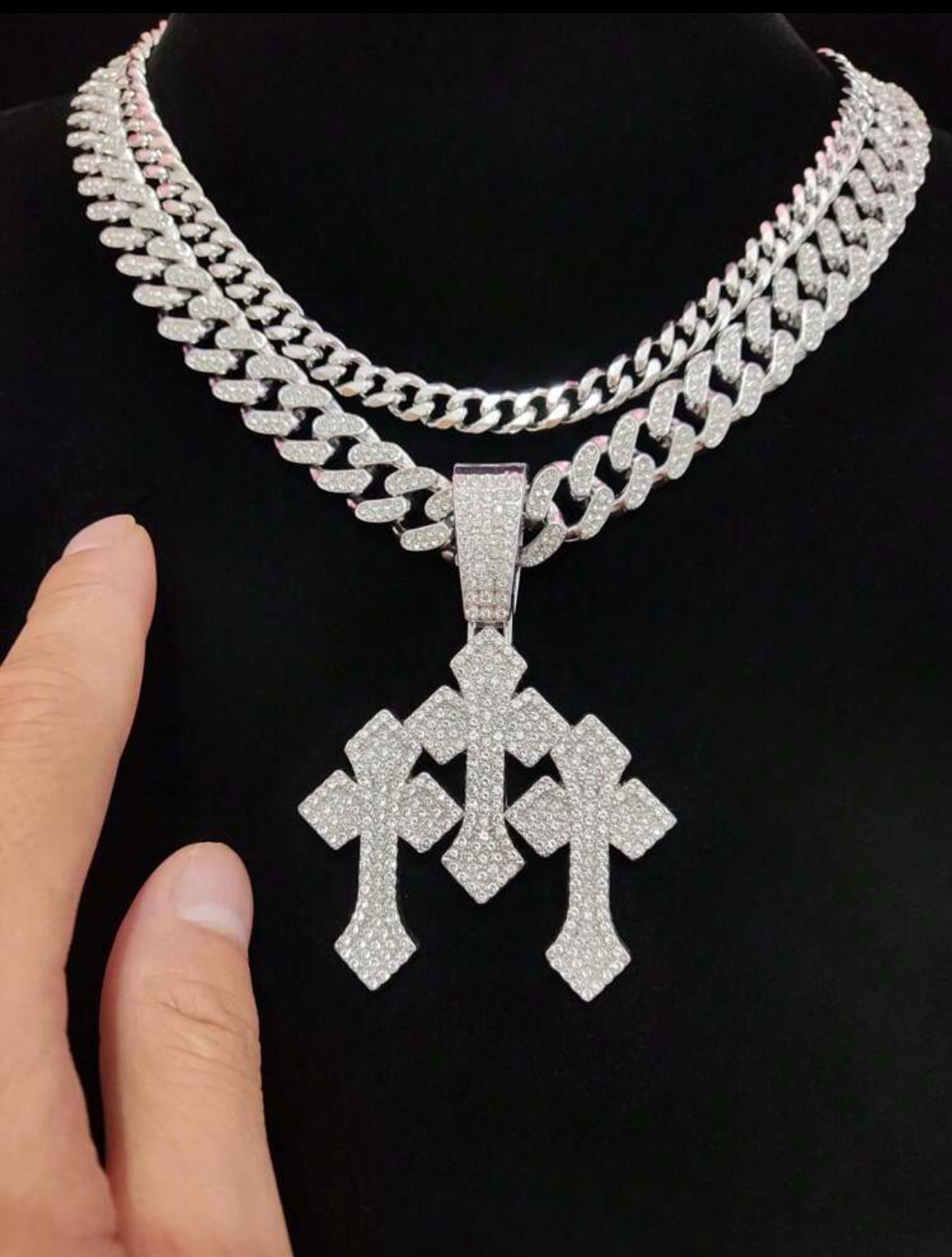 3 cross icy pendant chain for men