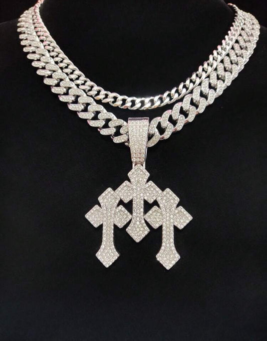 3 cross icy pendant chain for men