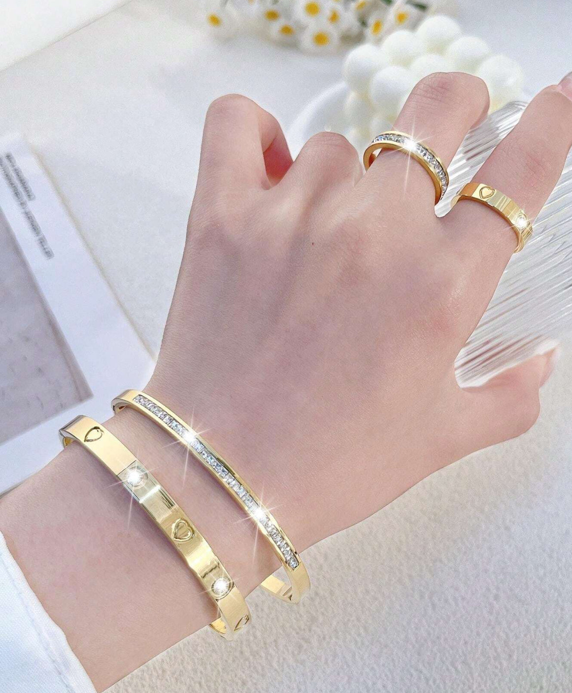 4pc Heart Stainless Steel Bracelet & Ring set