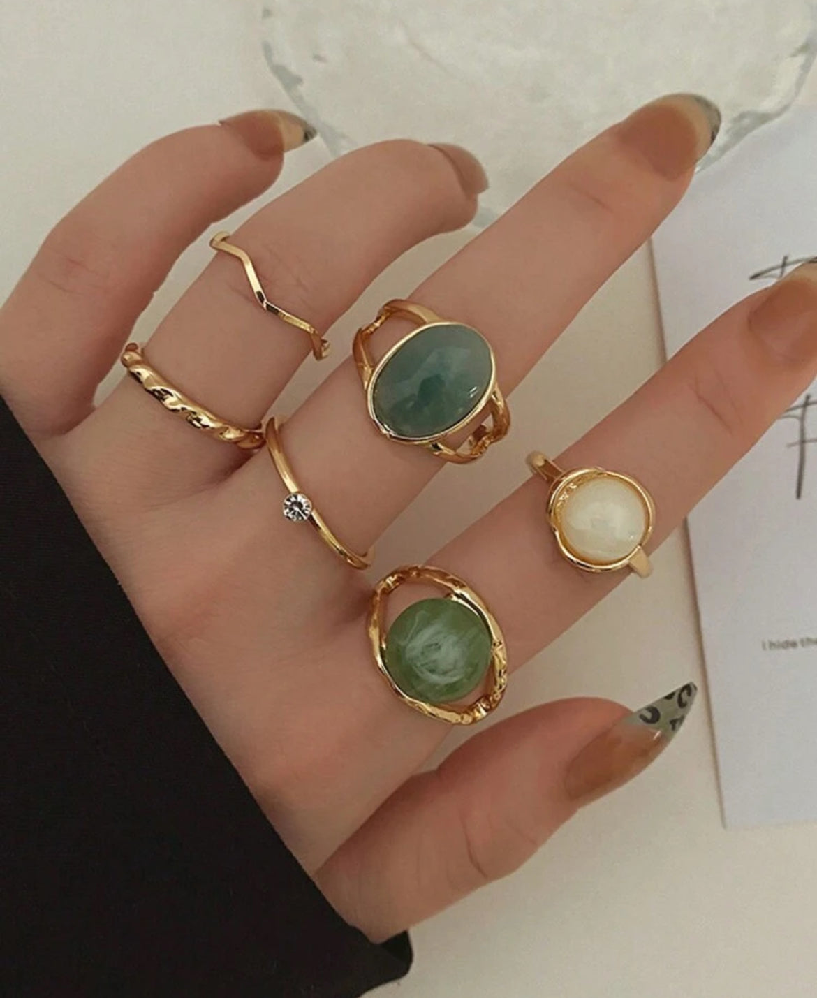 6pc Jade Stainless Steel Ring set