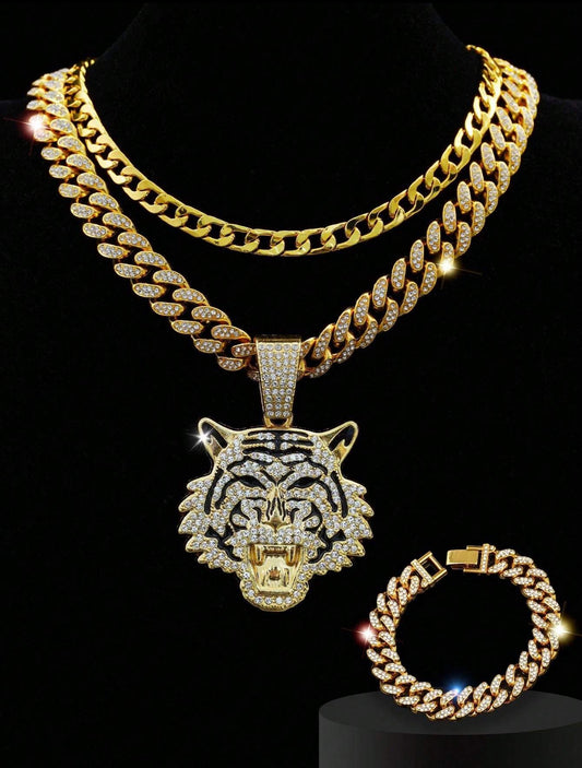 3pc Tiger icy jewelry set for men