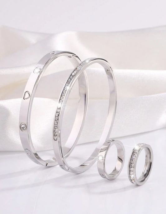 4pc Heart Stainless Steel Bracelet & Ring set
